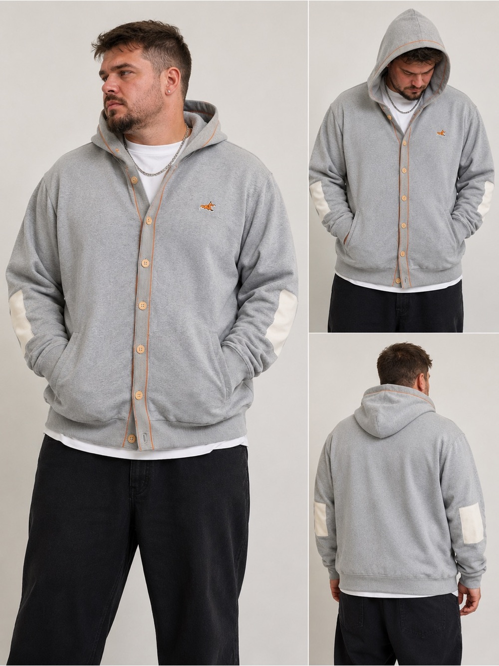 AKOO Y2K Hooded Cardigan 3XL Gray Fox Logo Elbow Patch Streetwear